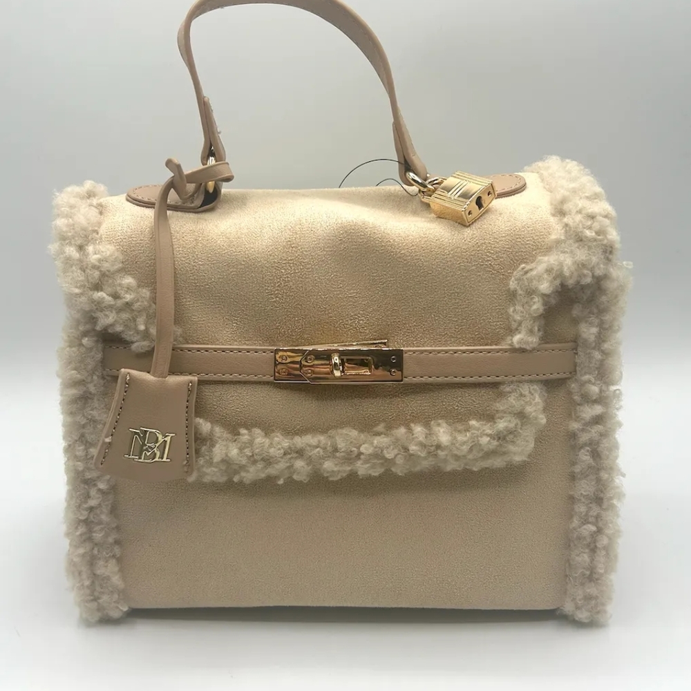 Badgley Mischka Cream Satchel with Shearling Trim